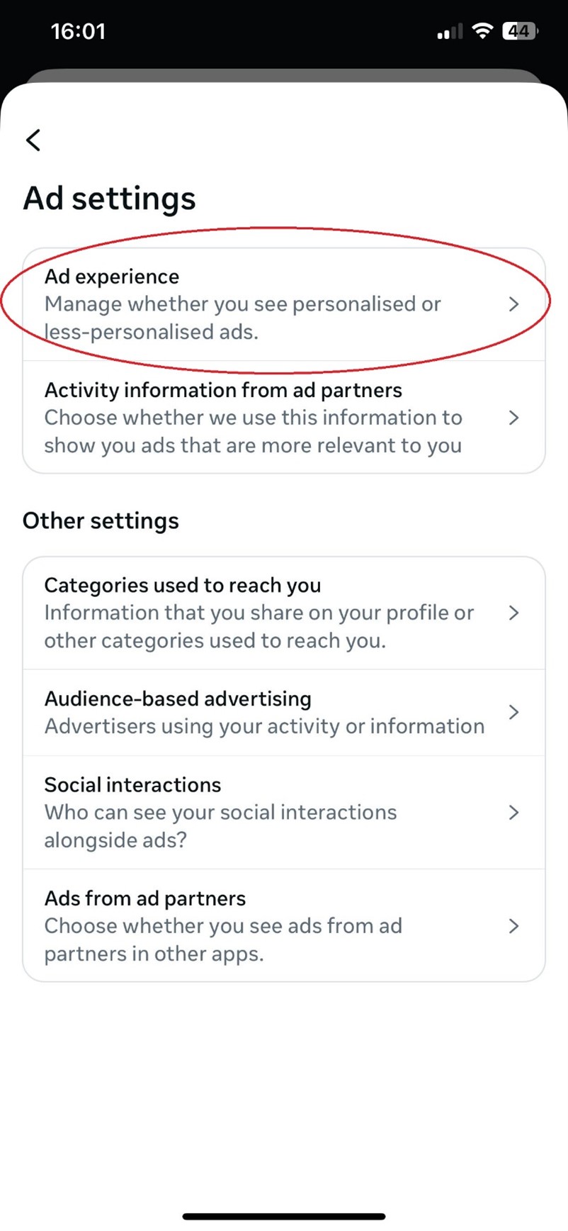 Choose the Ad Experience section